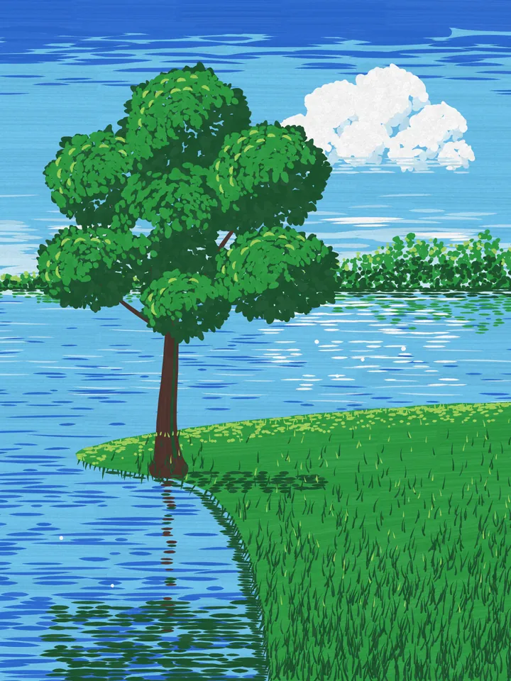 The finished lake painting with the tree and the grass