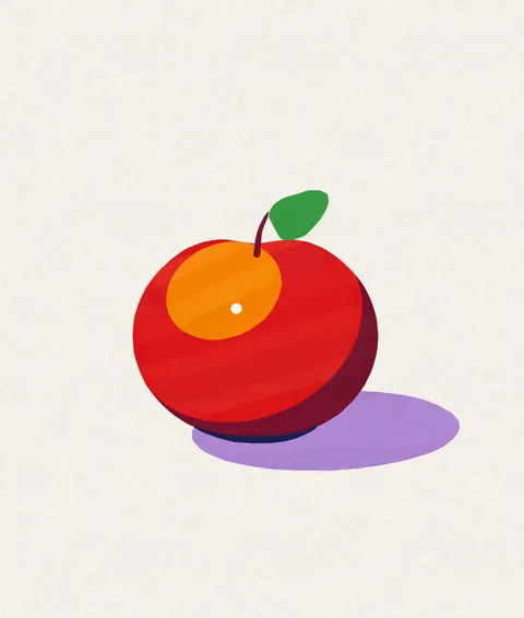 A red apple with a highlight and a violet cast shadow