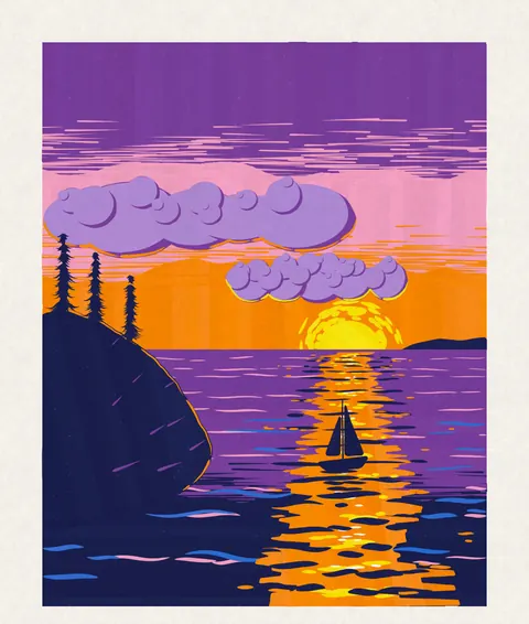 A sailboat on violet water under an orange sunset