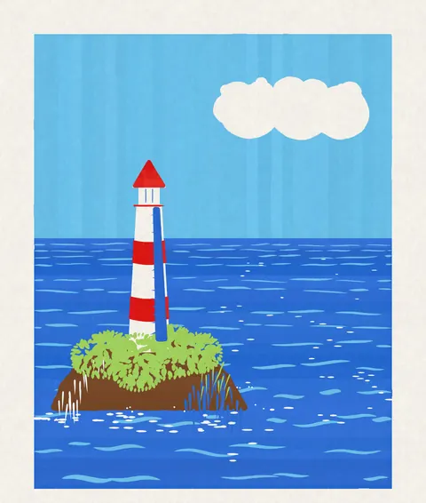A striped lighthouse on a small green island