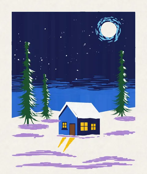 A snowy cabin with lit windows under a full moon