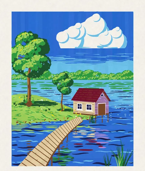A boathouse on a lake with a wooden pier