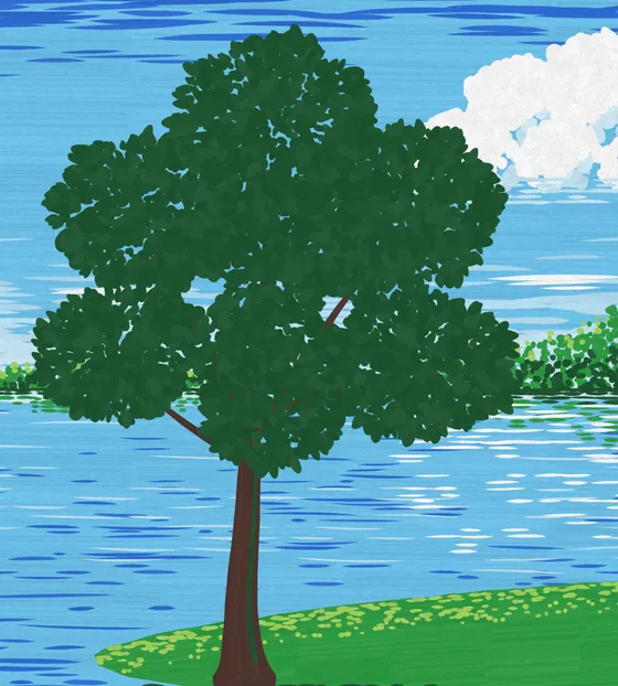 The tree crown painted in one dark green